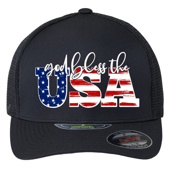 God Bless The USA American Flag Flexfit Unipanel Trucker Cap