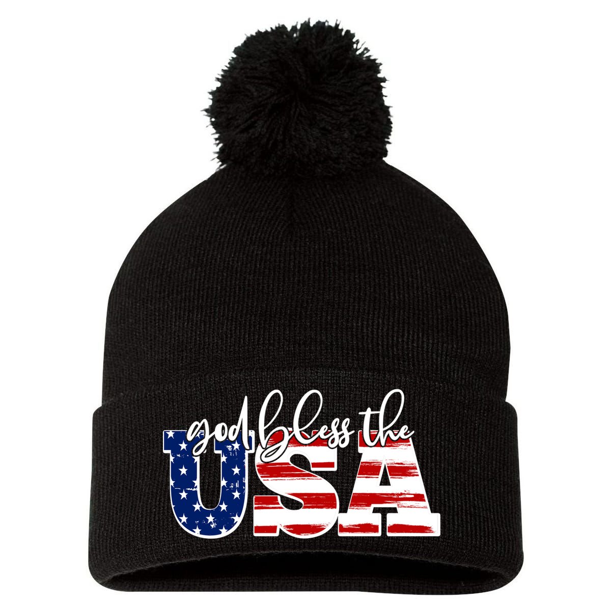 God Bless The USA American Flag Pom Pom 12in Knit Beanie