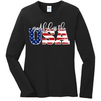 God Bless The USA American Flag Ladies Long Sleeve Shirt