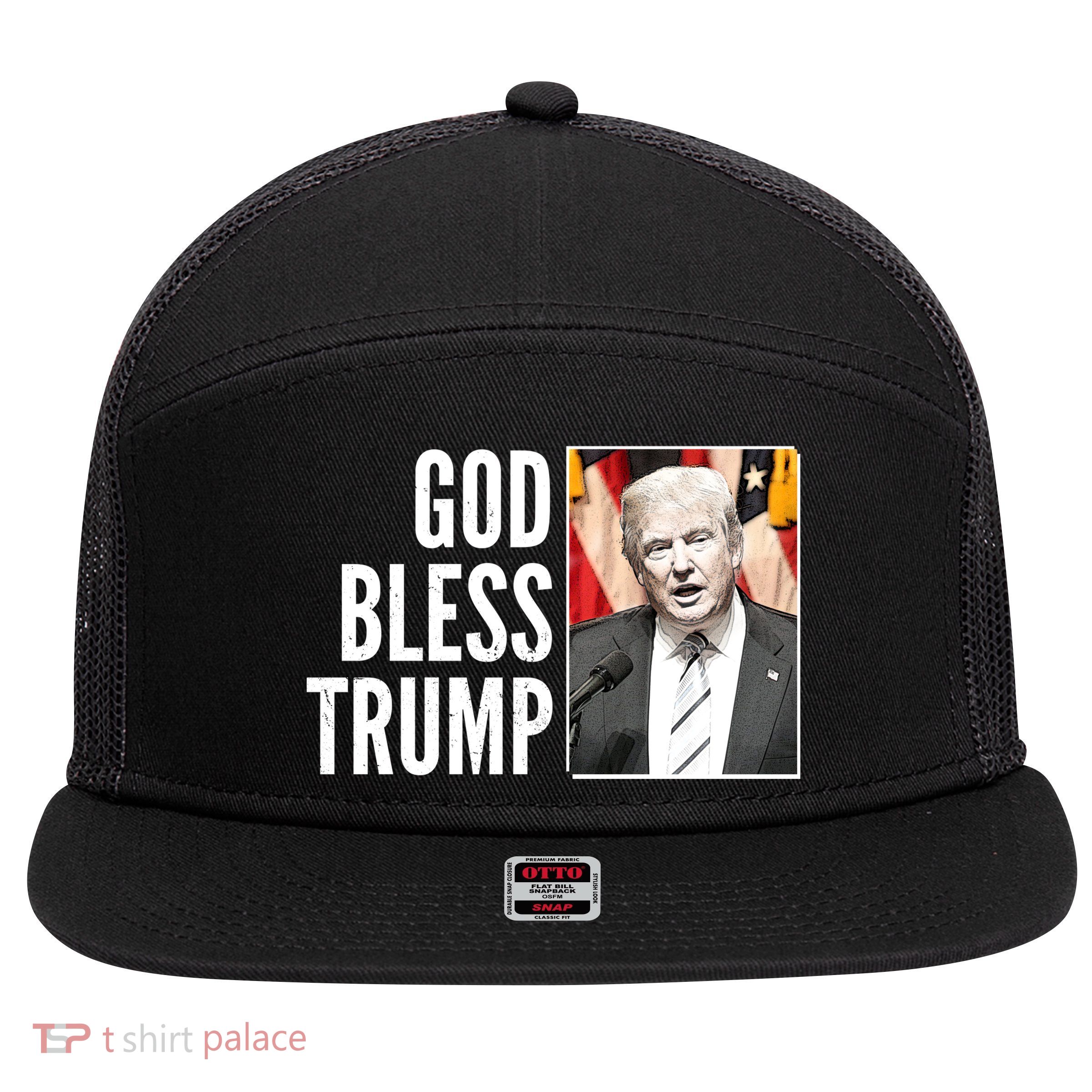 God Bless Trump 7 Panel Mesh Trucker Snapback Hat