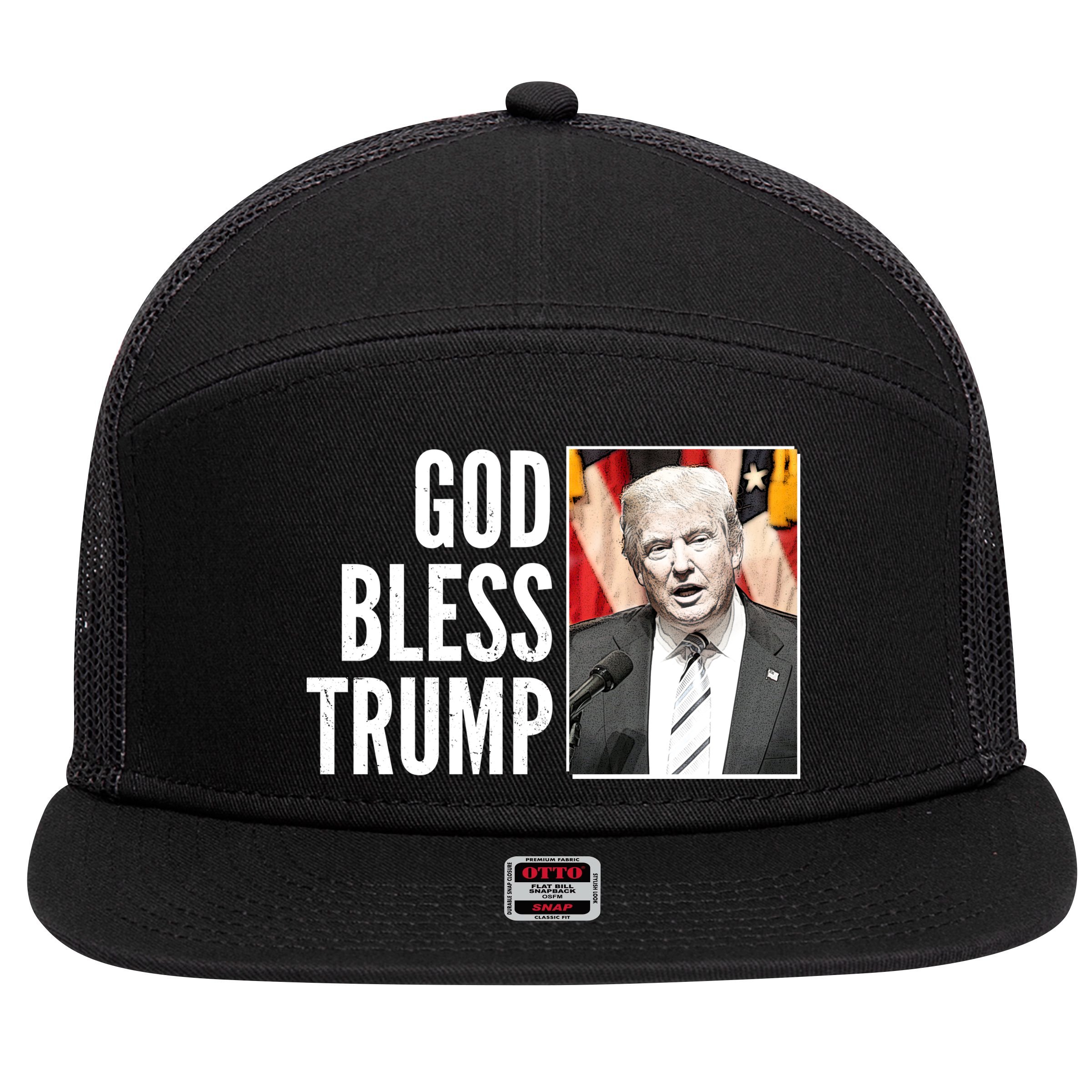 God Bless Trump 7 Panel Mesh Trucker Snapback Hat