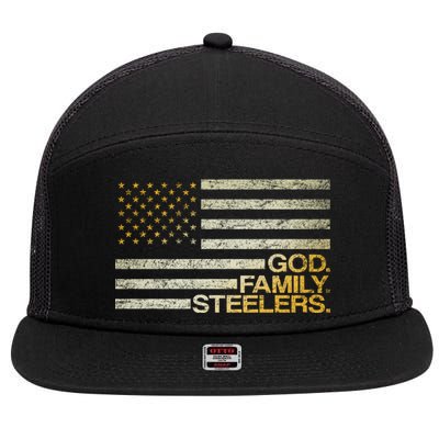 God Family Steelers American Football Flag 7 Panel Mesh Trucker Snapback Hat