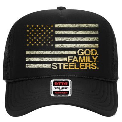 God Family Steelers American Football Flag High Crown Mesh Back Trucker Hat