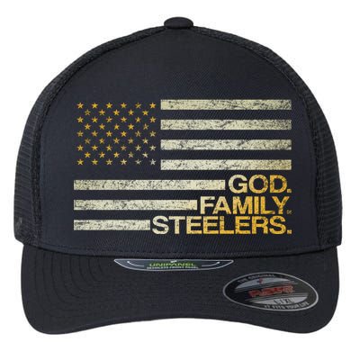 God Family Steelers American Football Flag Flexfit Unipanel Trucker Cap