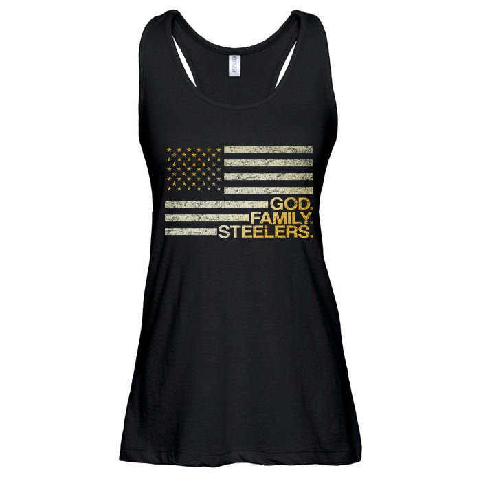 God Family Steelers American Football Flag Ladies Essential Flowy Tank