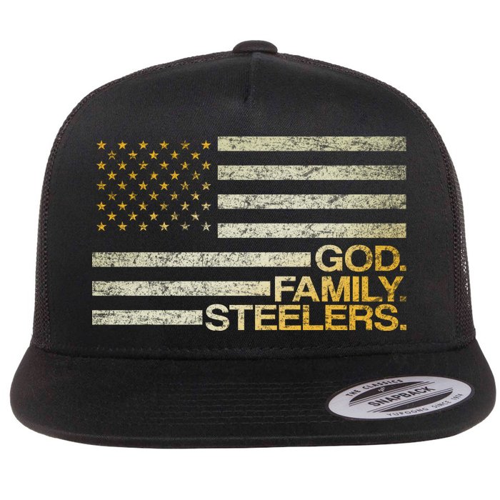 God Family Steelers American Football Flag Flat Bill Trucker Hat