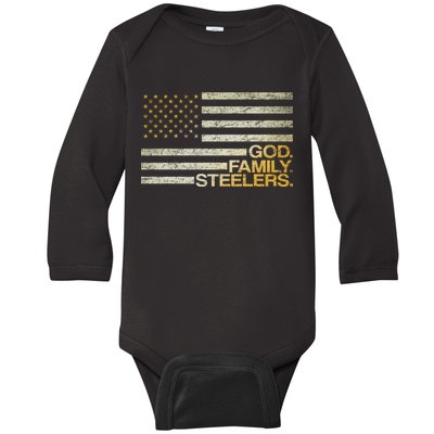 God Family Steelers American Football Flag Baby Long Sleeve Bodysuit