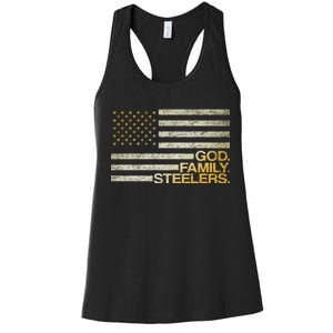 God Family Steelers American Football Flag Women's Racerback Tank