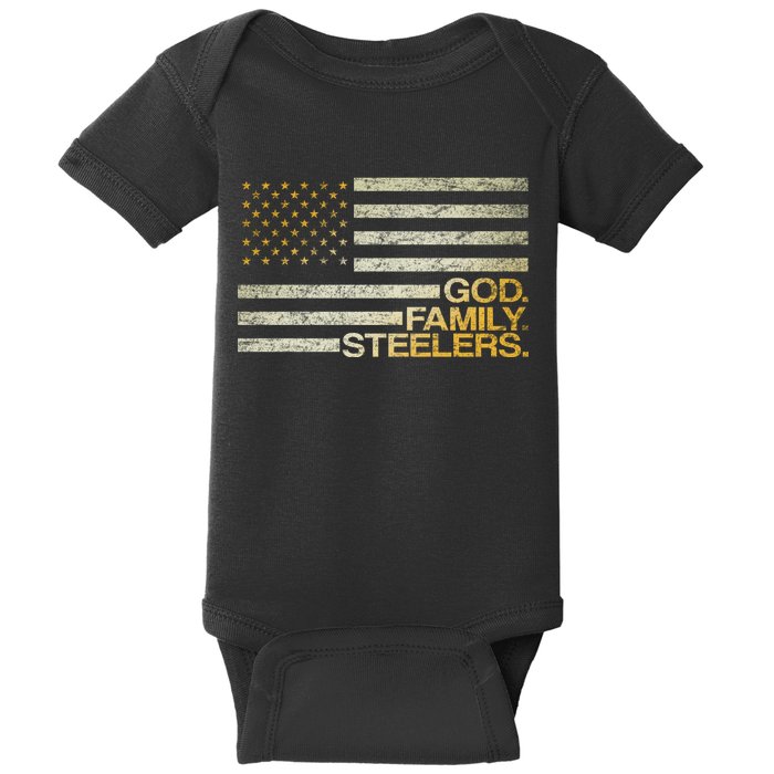 God Family Steelers American Football Flag Baby Bodysuit