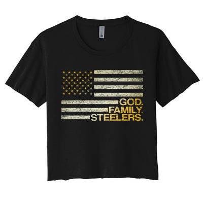 God Family Steelers American Football Flag Women's Crop Top Tee