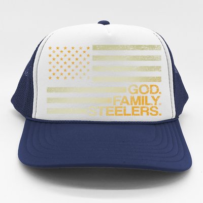 God Family Steelers American Football Flag Trucker Hat