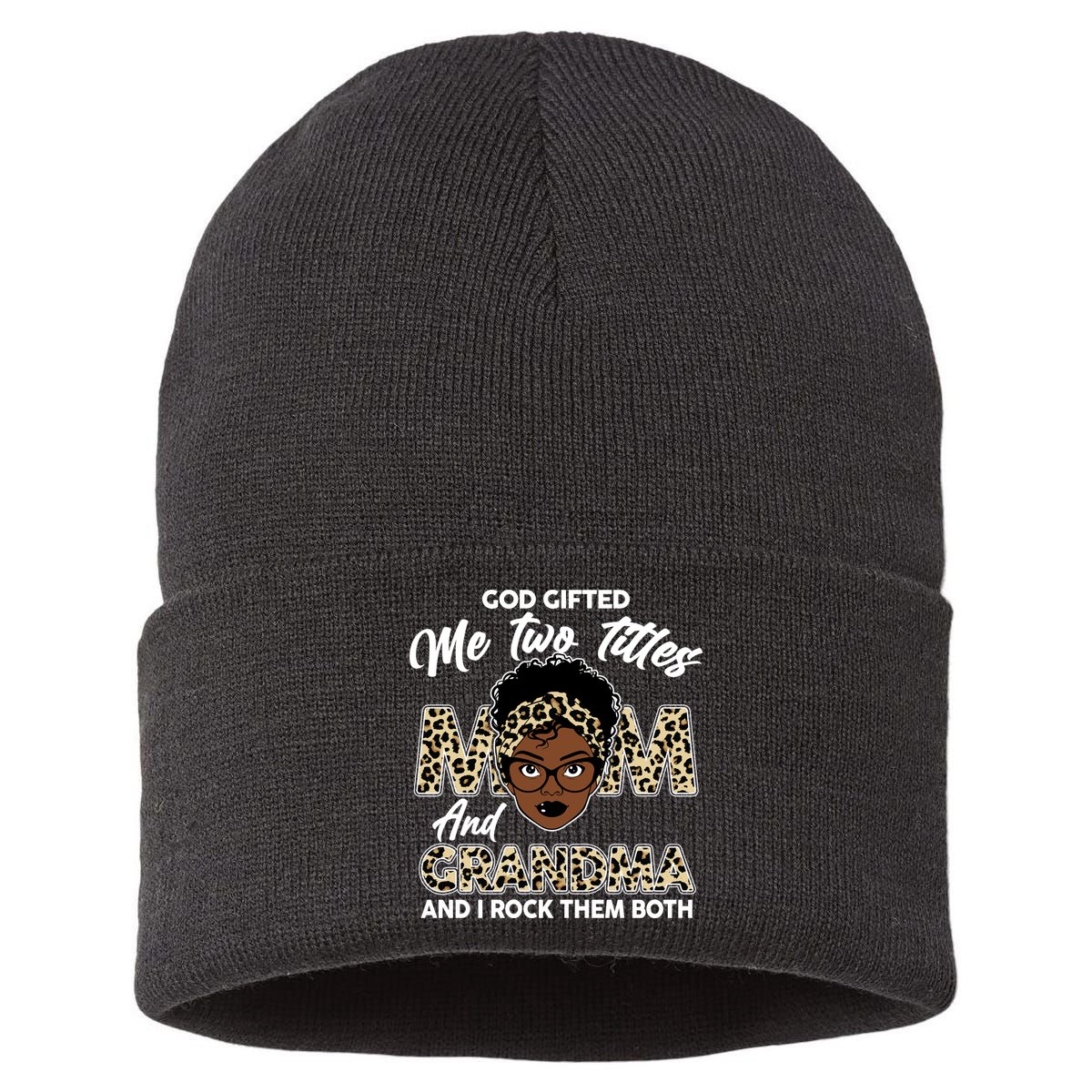 God Gifted Me Two Titles Mom and Grandma Leopard Style Sustainable Knit Beanie