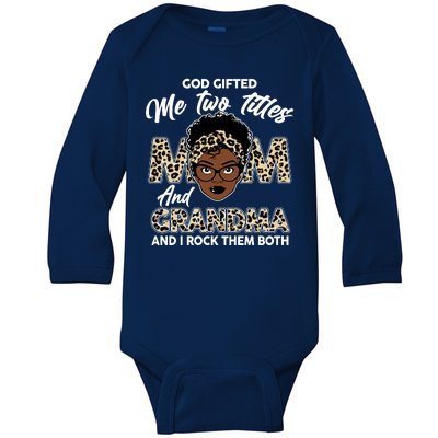 God Gifted Me Two Titles Mom and Grandma Leopard Style Baby Long Sleeve Bodysuit