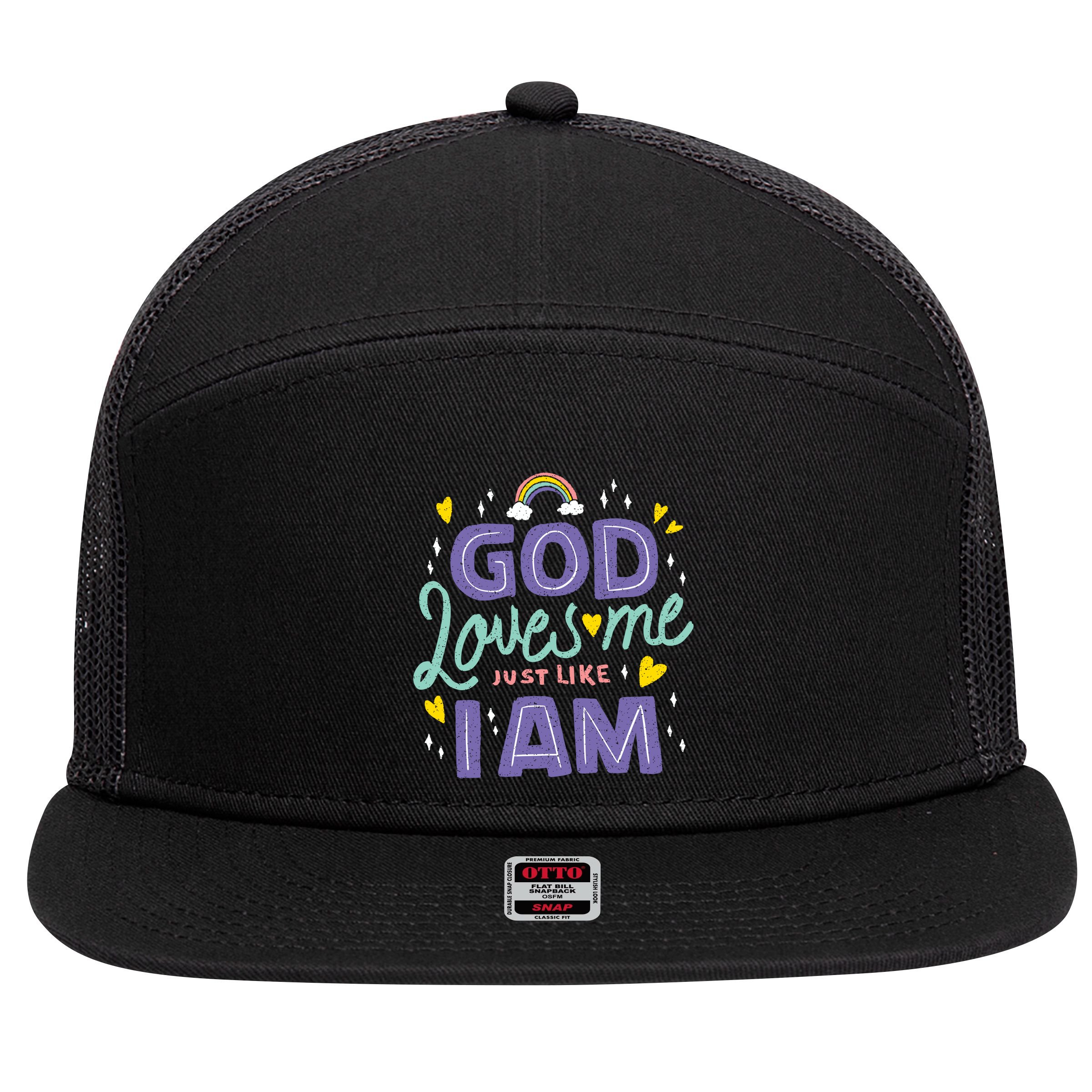 God Loves Me Just Like I Am 7 Panel Mesh Trucker Snapback Hat