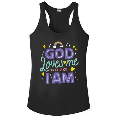 God Loves Me Just Like I Am Ladies PosiCharge Competitor Racerback Tank