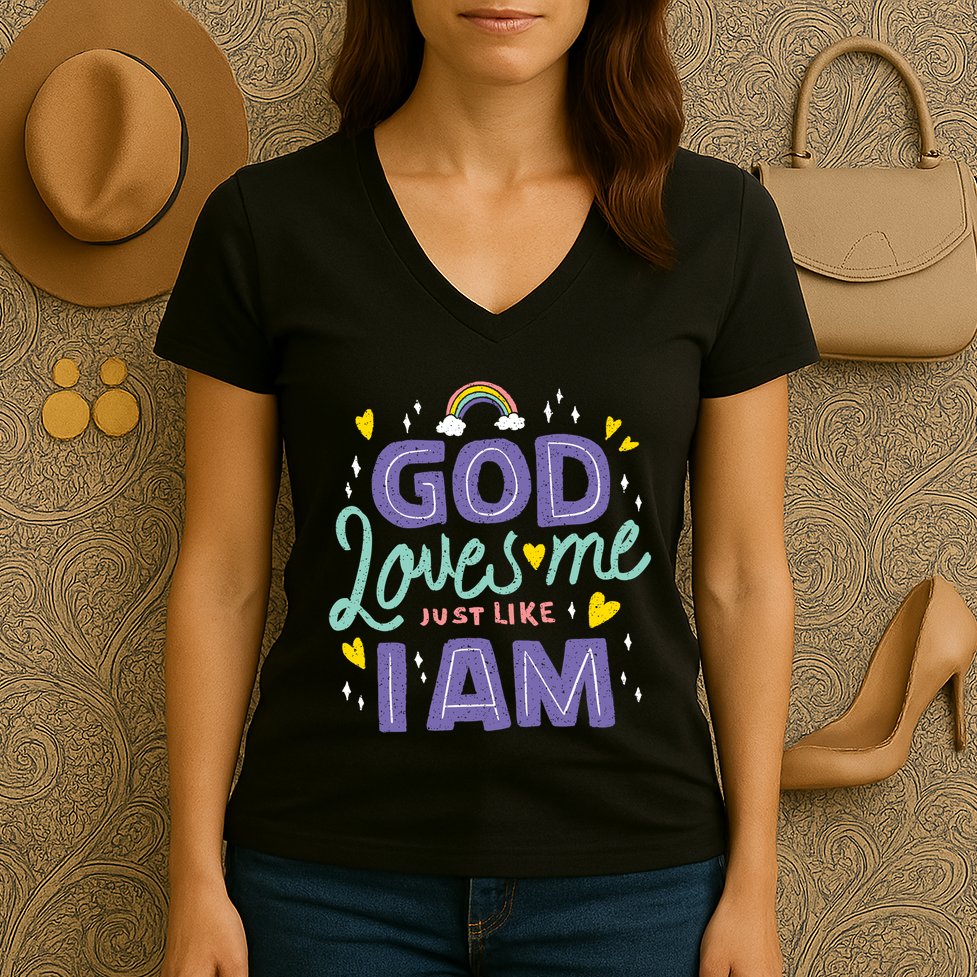 God Loves Me Just Like I Am Women's V-Neck T-Shirt