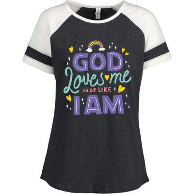 God Loves Me Just Like I Am Enza Ladies Jersey Colorblock Tee