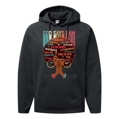 God Says I Am Praying Black Woman Performance Fleece Hoodie