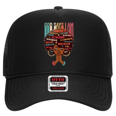 God Says I Am Praying Black Woman High Crown Mesh Back Trucker Hat