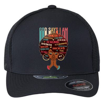 God Says I Am Praying Black Woman Flexfit Unipanel Trucker Cap