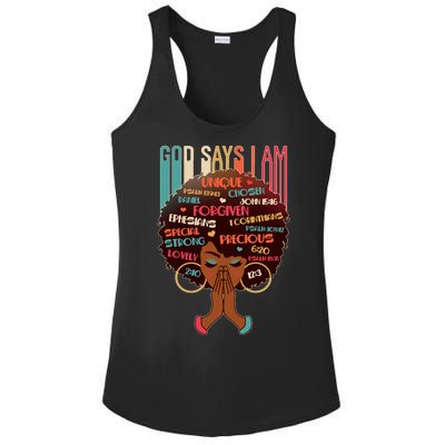 God Says I Am Praying Black Woman Ladies PosiCharge Competitor Racerback Tank