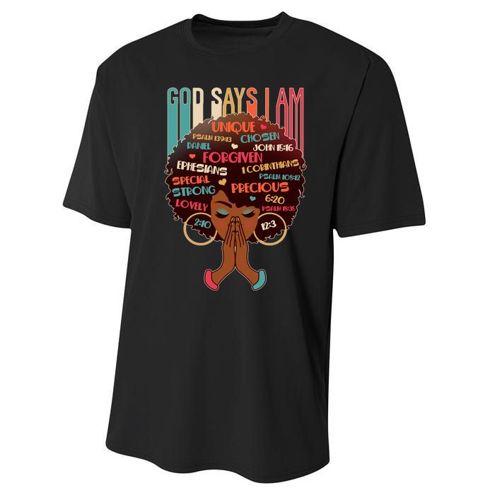 God Says I Am Praying Black Woman Performance Sprint T-Shirt