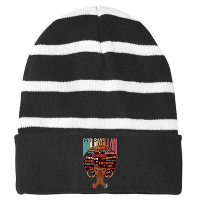 God Says I Am Praying Black Woman Striped Beanie with Solid Band