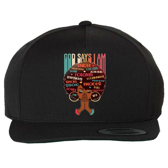 God Says I Am Praying Black Woman Wool Snapback Cap