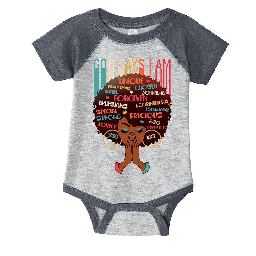 God Says I Am Praying Black Woman Infant Baby Jersey Bodysuit