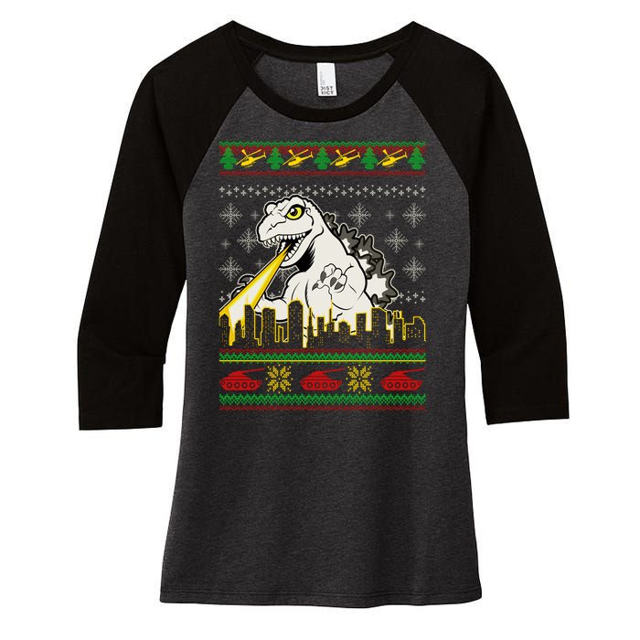 Monster Ugly Christmas Sweater Women's Tri-Blend 3/4-Sleeve Raglan Shirt