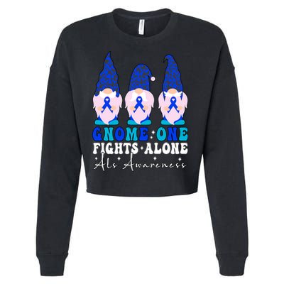Gnome One Fights Alone Als Awareness Month Warrior Ribbon Gift Cropped Pullover Crew