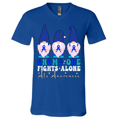 Gnome One Fights Alone Als Awareness Month Warrior Ribbon Gift V-Neck T-Shirt