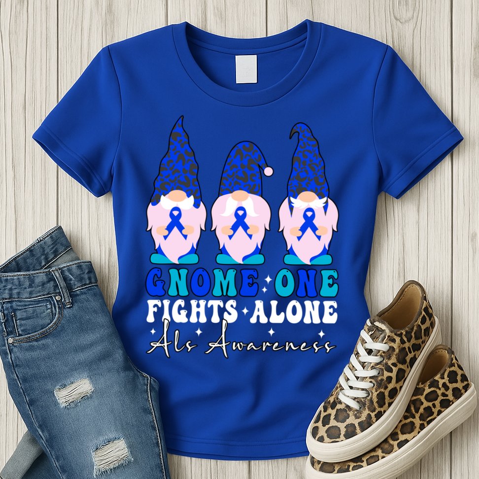 Gnome One Fights Alone Als Awareness Month Warrior Ribbon Gift Womens T-Shirt
