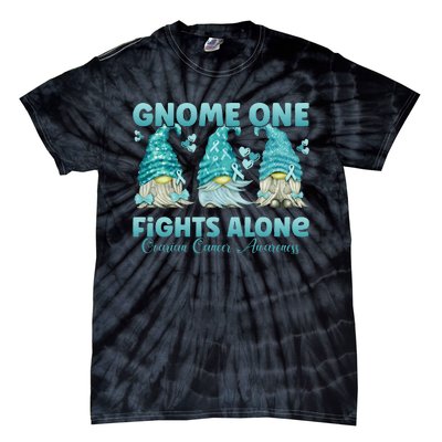 Gnome One Fights Alone Teal Ovarian Cancer Awareness Tie-Dye T-Shirt