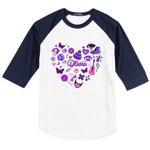 Girl Olivia First Name Personalized Groovy 80S Heart Baseball Sleeve Shirt