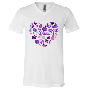 Girl Olivia First Name Personalized Groovy 80S Heart V-Neck T-Shirt