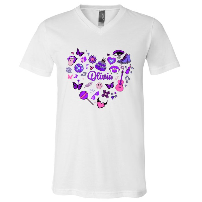 Girl Olivia First Name Personalized Groovy 80S Heart V-Neck T-Shirt