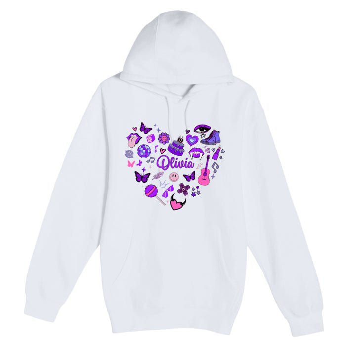 Girl Olivia First Name Personalized Groovy 80S Heart Premium Pullover Hoodie