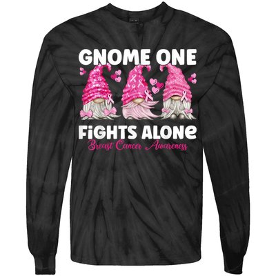 Gnome One Fights Alone Pink Breast Cancer Awareness Tie-Dye Long Sleeve Shirt