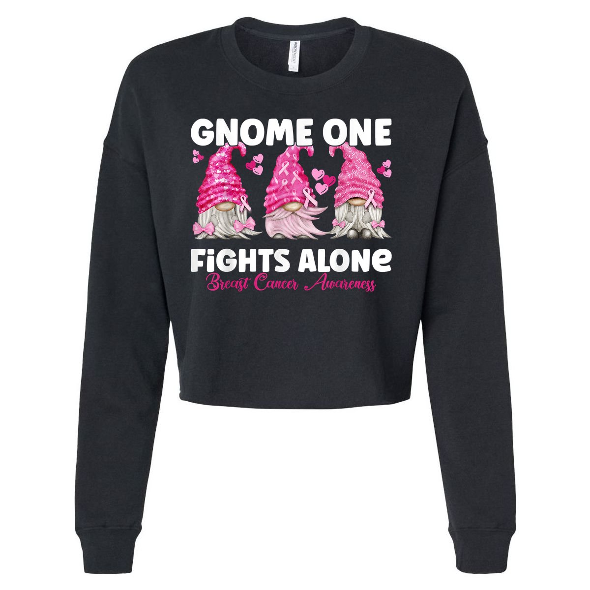 Gnome One Fights Alone Pink Breast Cancer Awareness Cropped Pullover Crew