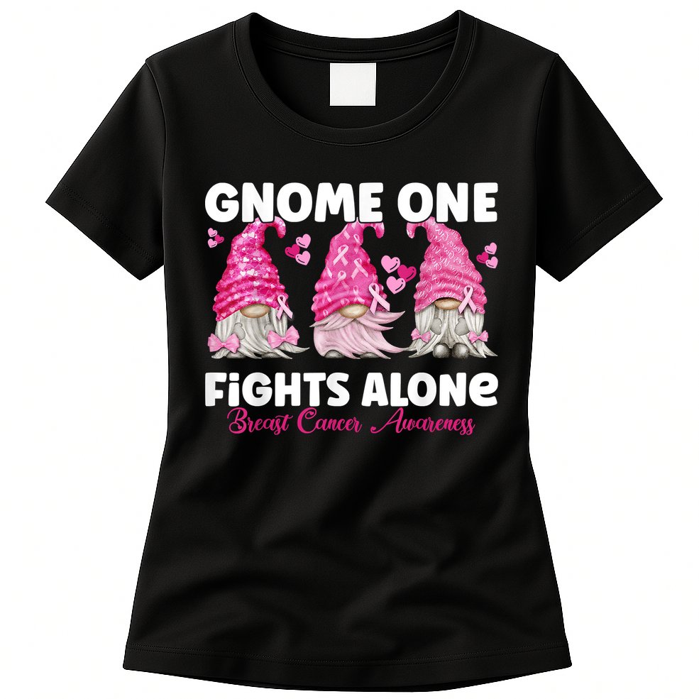 Gnome One Fights Alone Pink Breast Cancer Awareness Womens T-Shirt