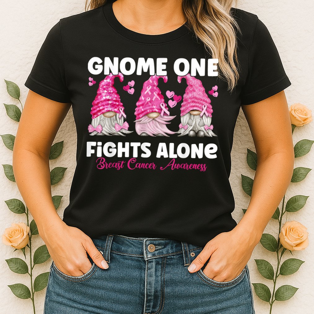 Gnome One Fights Alone Pink Breast Cancer Awareness Womens T-Shirt