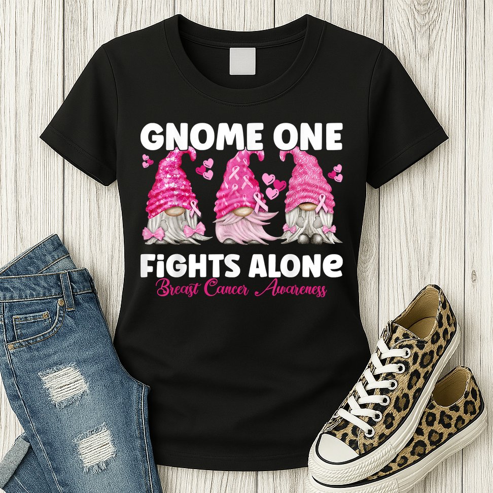 Gnome One Fights Alone Pink Breast Cancer Awareness Womens T-Shirt