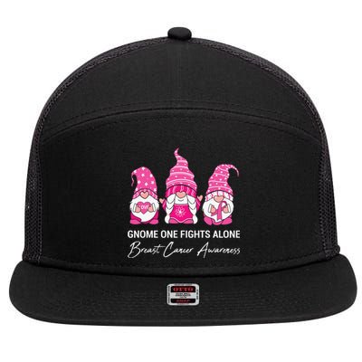 Gnomes One Fight Alone Pink Ribbon Breast Cancer 7 Panel Mesh Trucker Snapback Hat