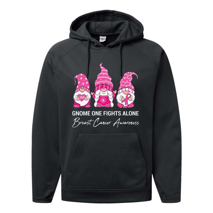 Gnomes One Fight Alone Pink Ribbon Breast Cancer Performance Fleece Hoodie