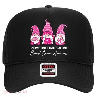 Gnomes One Fight Alone Pink Ribbon Breast Cancer High Crown Mesh Back Trucker Hat