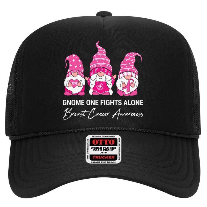 Gnomes One Fight Alone Pink Ribbon Breast Cancer High Crown Mesh Back Trucker Hat