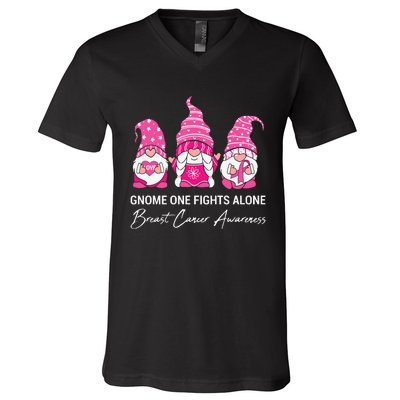 Gnomes One Fight Alone Pink Ribbon Breast Cancer V-Neck T-Shirt