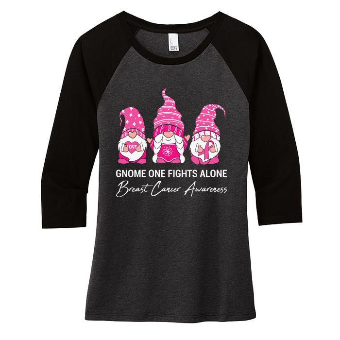 Gnomes One Fight Alone Pink Ribbon Breast Cancer Women's Tri-Blend 3/4-Sleeve Raglan Shirt