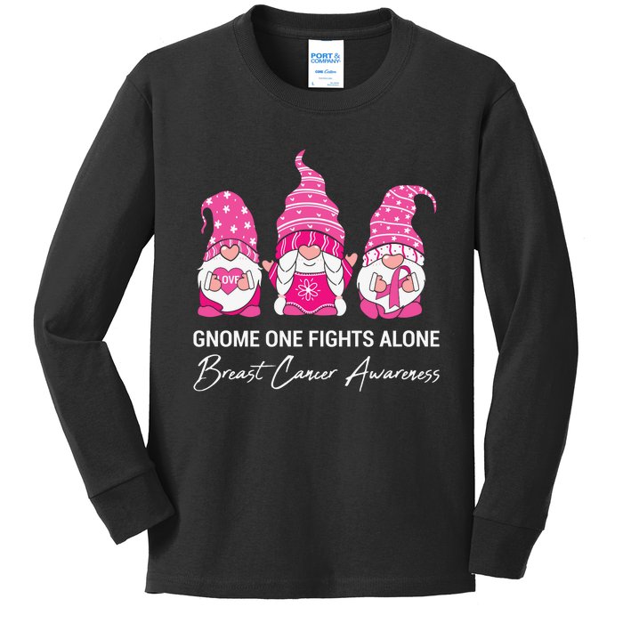 Gnomes One Fight Alone Pink Ribbon Breast Cancer Kids Long Sleeve Shirt